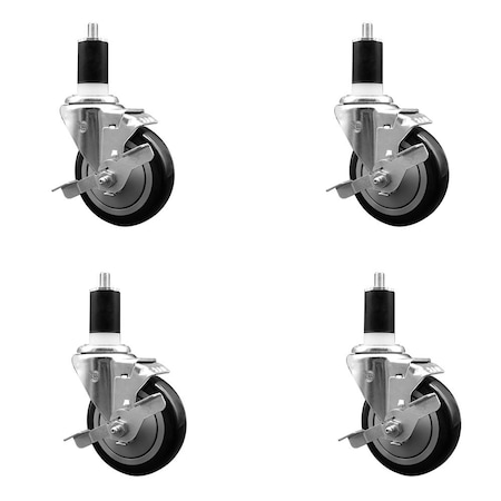 Service Caster 4'' Black Poly Swivel 1-1/2'' Expanding Stem Caster Set with Brake, 4PK SCC-EX20S414-PPUB-BLK-TLB-112-4